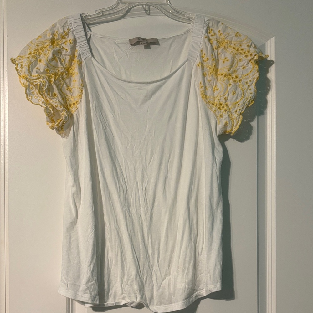 LOFT White Blouse with Yellow Embroidered Sleeves